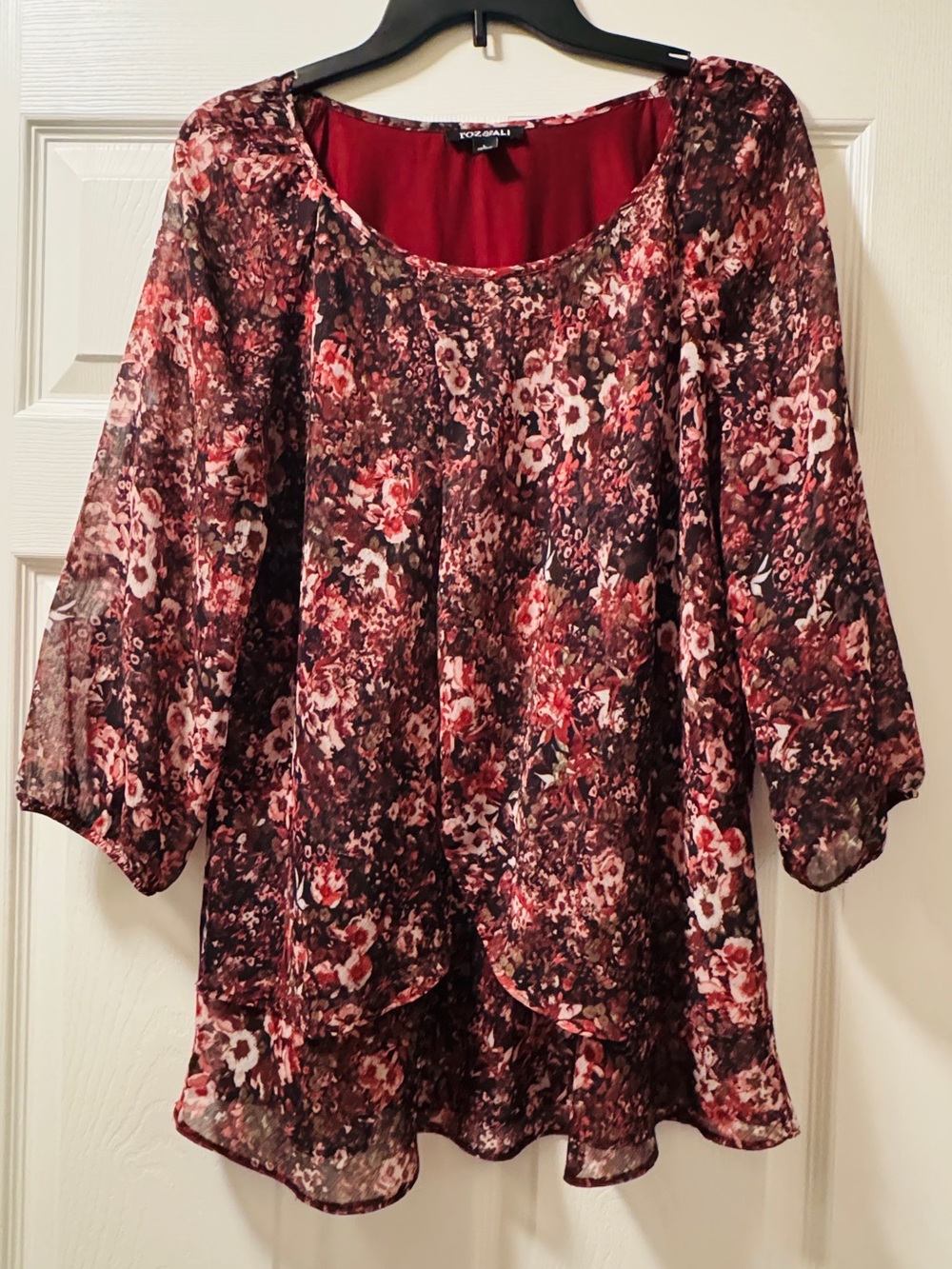 Roz & Ali Burgundy Floral Sheer Layered Blouse
